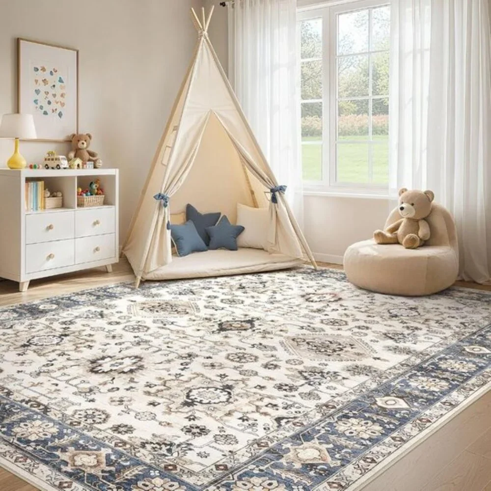 New 5x7 Blue Washable Area Rug Vintage Non-Slip Carpet for Living Room Home